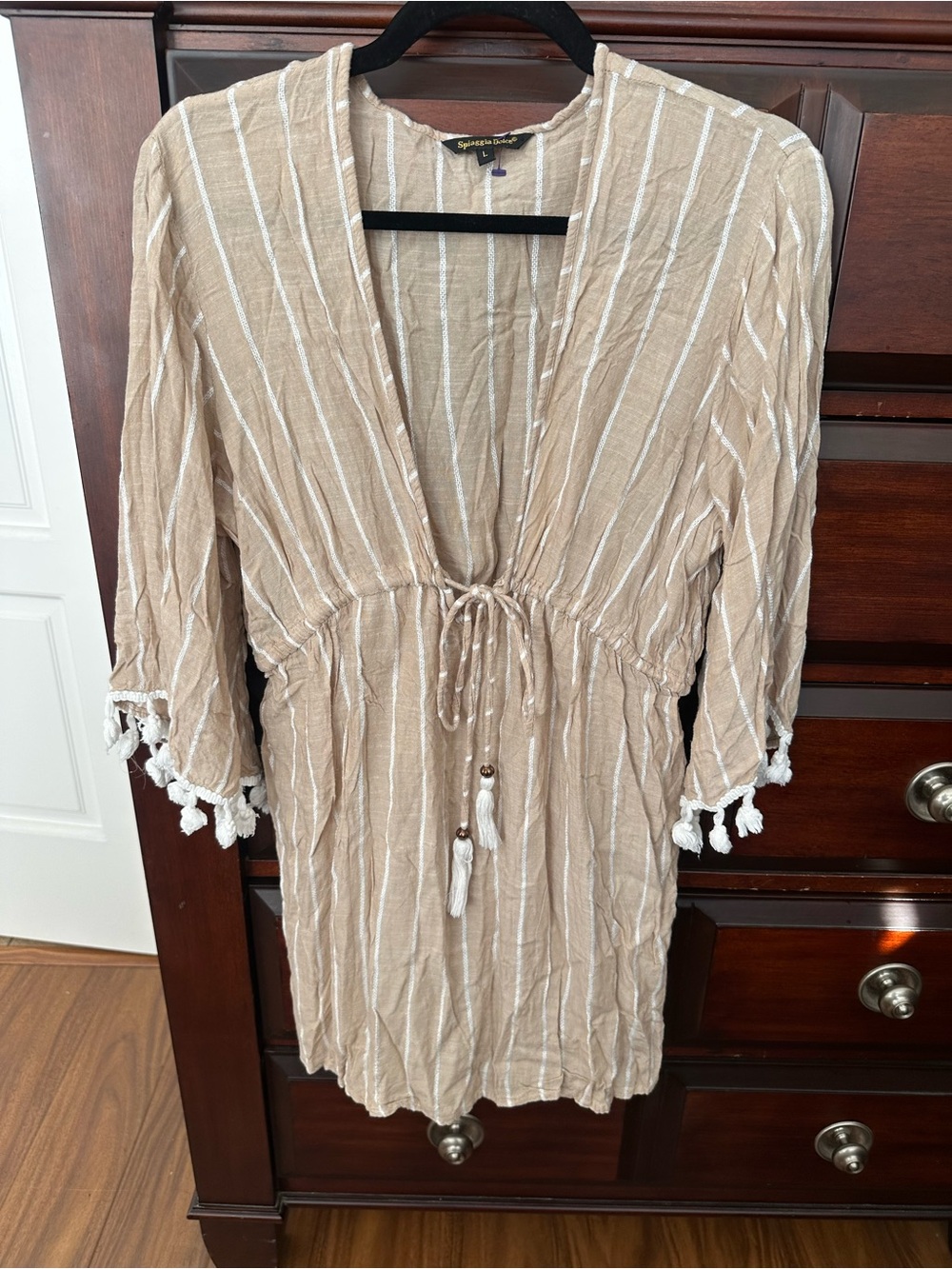 Tan & White-Sz Large-Fringed Sun Cover Up Dress-Elastic Tie Waist-Long Sleeve